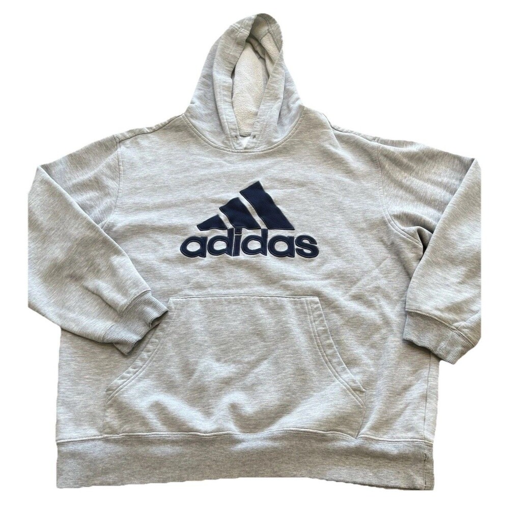 Adidas Hoodie Mens Large Gray Pullover Sweatshirt Big Logo Fleece Lined